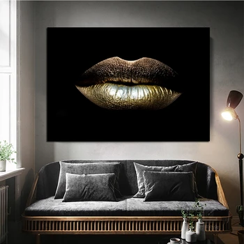 

Black and Gold Sexy Lips Oil Painting on Canvas Beauty Makeup Art Cuadros Posters and Prints Wall Art Picture for Home Decor