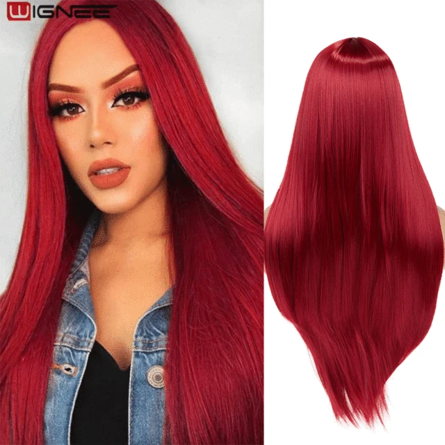 Wignee Long Natural Straight Wig Blonde Middle Part Cosplay Party Lolita Synthetic Wigs for Women Heat Resistant Fiber Red
