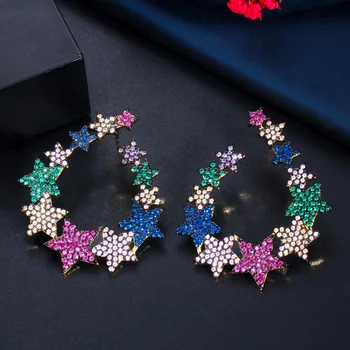 

LUALA Chic Full Cubic Zirconia Pave Multi Colored Rainbow CZ Big Star Earrings for Ladies Bohemian Inspired Jewelry