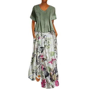 

Women Casual Vintage Summer Dresses Printing Patchwork O-Neck Two Pieces Set Plus Size Pockets Maxi Linen Dress New Vcqy