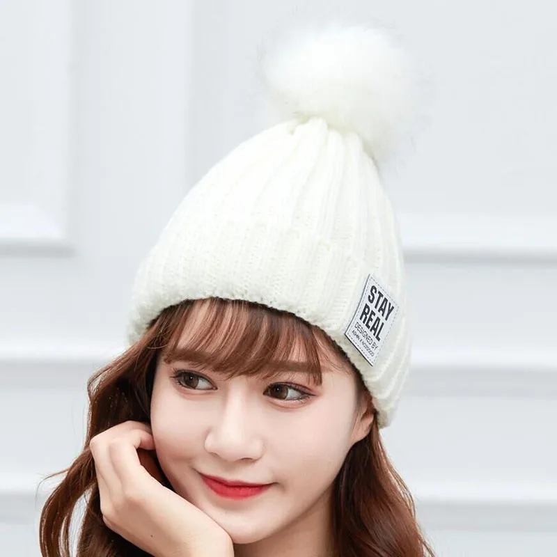 SUOGRY зимняя вязаная шапка женская меховая шапка с помпоном skullies Beanies cap s lmitation шапочка с помпоном шапки для женщин Женский головной убор из плотной ткани