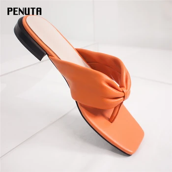 

2020 PENUTA Flip Flop Slippers Genuine Leather Summer Beach Shoes Women New Designer Square Toe Runway Slides High Quality T0042