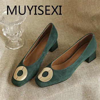 

Green shoes women 4.5cm high heel elegant office ladies spring shoes genuine leather suede daily wear gray black MIL05 MUYISEXI