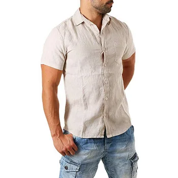 

Men's Summer Fashion Linen Shirt 2019 New Short-Sleeve Solid Color Slim Fit Light Weight Breathable Shirt