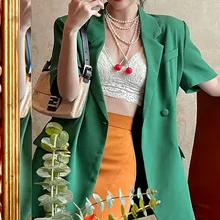 

Retro Spring and Summer 2022 New Short-sleeved Green Suit Jacket Women's Thin Temperament Fashion Casual Small Suit Jacket