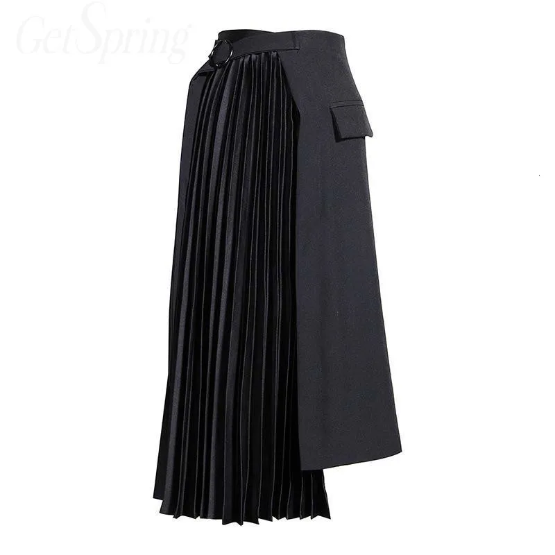Women Skirt Patchwork Irregular Pleated Skirts Womens Asymmetry High Waist Black Long Skirts Women 2019 New Fashion XX156