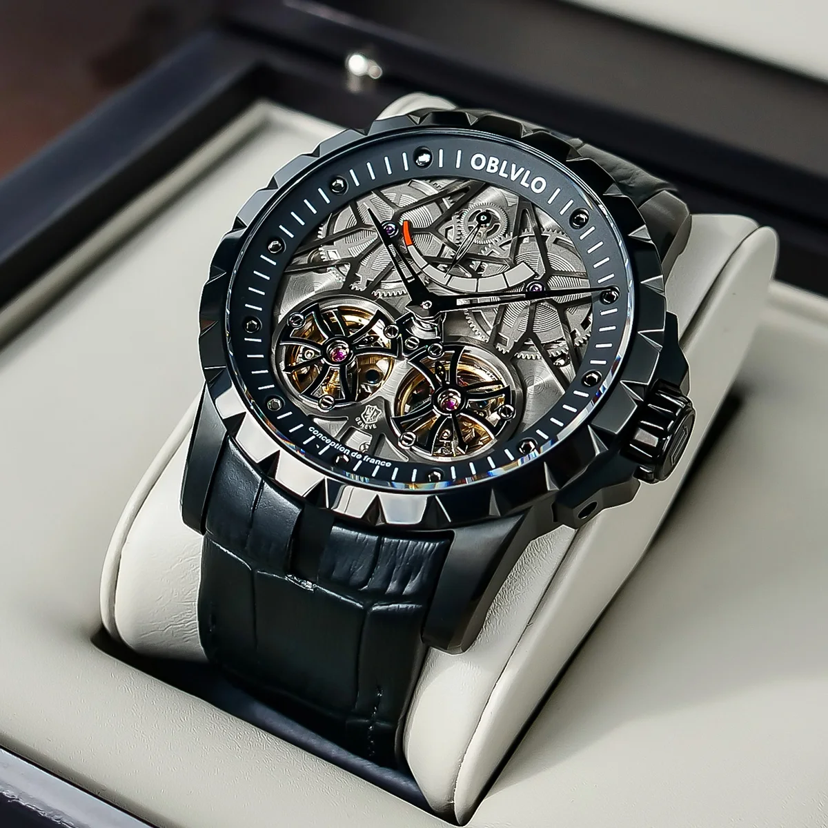 OBLVLO лучший бренд класса люкс дизайн прозрачный полый Часы с костями Tourbillon из розового золота Автоматическая