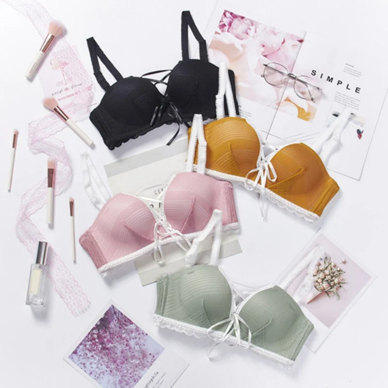 

Women Mesh Lace Sexy Bra Set Lace-up Wire Free Hollow Out Breathable Comfortable Bra and Panty Women Lingerie Underwear