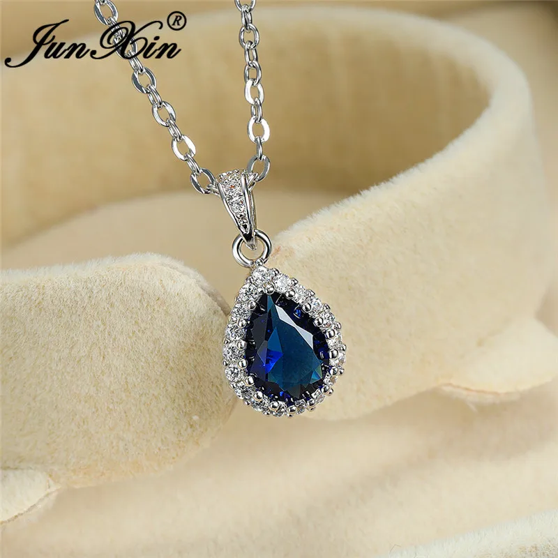 Multicolor Crystal Water Drop Stone Pendant Green Red Blue Zircon Necklaces For Women White Gold Colorful Pear Cz Wedding Choker