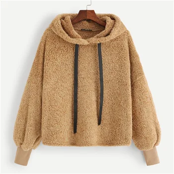 

Fur Fluffy Hoodie Pullovers Casual Drawstring Preppy Sweatshirt Women Autumn Minimalist Sweatshirts
