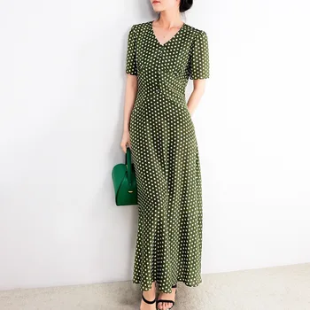 

Oxygen Goddess! Important Crepe-de-chine Real Silk Elegant Life Green Wave Point V-neck Long Dress
