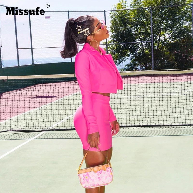 

Missufe 2019 Elegant Blazer Skirt Two Pieces Set Women Long Sleeve Turn Down Collar Buttons Jacket High Waist Skirt Matching Set