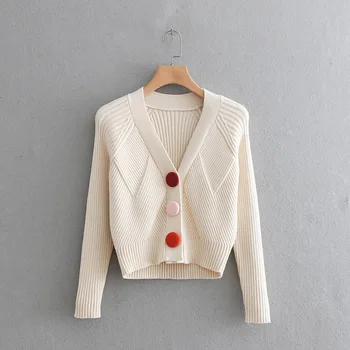 

Cardigan Sweater Women Long Sleeve V-neck Short Single Breasted Full Polyester Neck Contrast Color