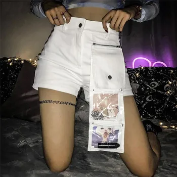 

Women High Street Denim Shorts Cool Hip Hop Punk Summer High Waist Button Casual Shorts with Folded Satchel Big Pocket