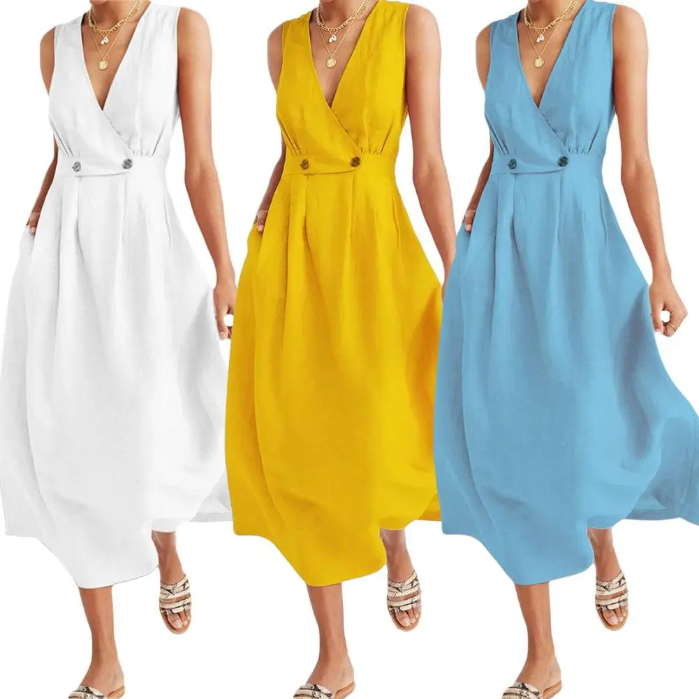 

Plus Size Summer Casual Women Solid Color V Neck Sleeveless A-Line Long Dress
