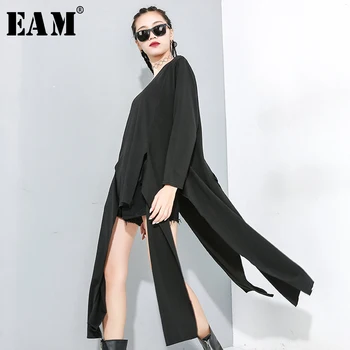 

[EAM] Women Black Asymmetrical Split Joint Long T-shirt New Round Neck Long Sleeve Fashion Tide Spring Autumn 2020 1M899