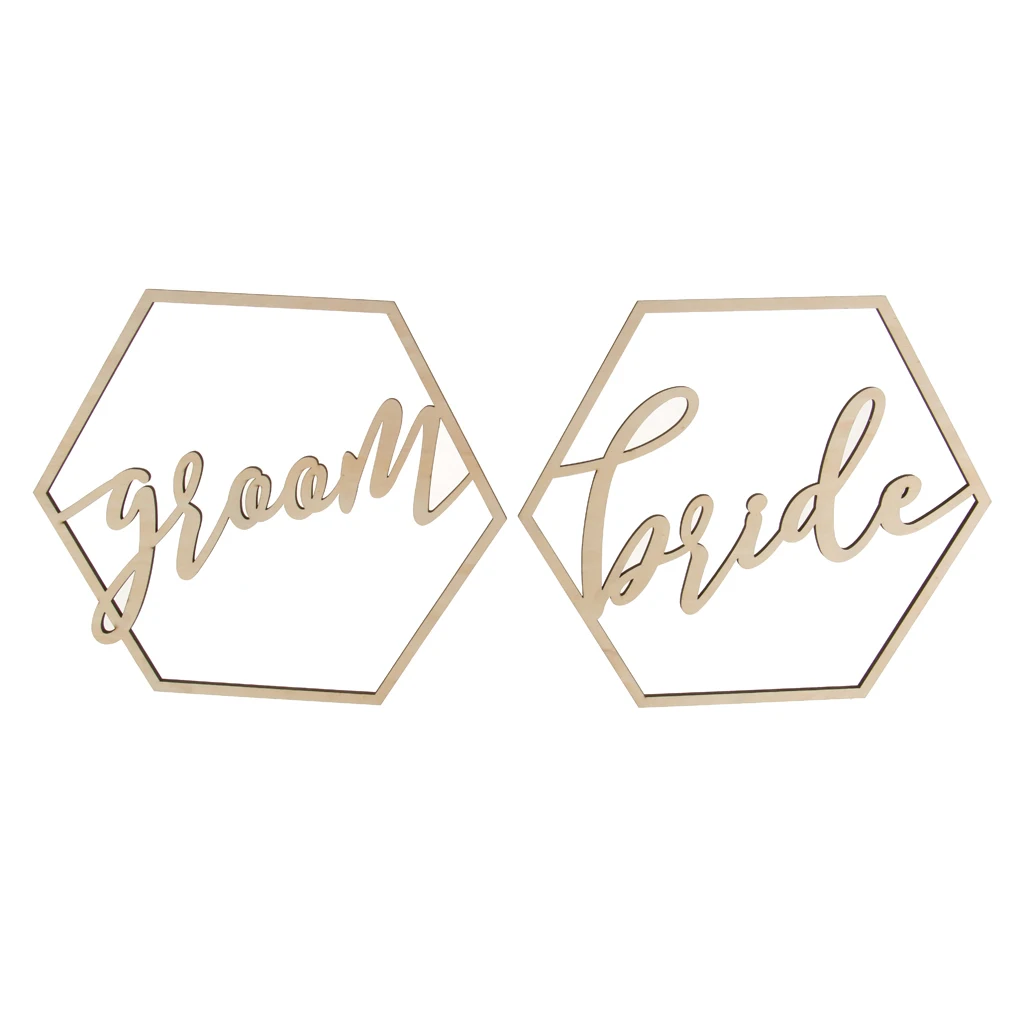 2 Pieces Hexagon Bride Groom Chair Signs Wooden Wedding Hanging Signs for Wedding Chairs Decoration