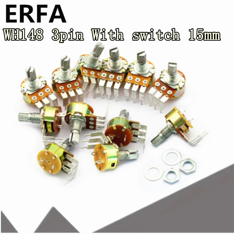 5pcs WH148 3pin With switch 15MM Bend foot 5K 10K 50K 100K 500K B5K B10K B100K B500K Potentiomete | Электронные компоненты и