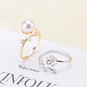 

Real 925 Sterling Silver Women Wedding Engagement Ring Adjustable Simple Round Pearl Ring Mounting
