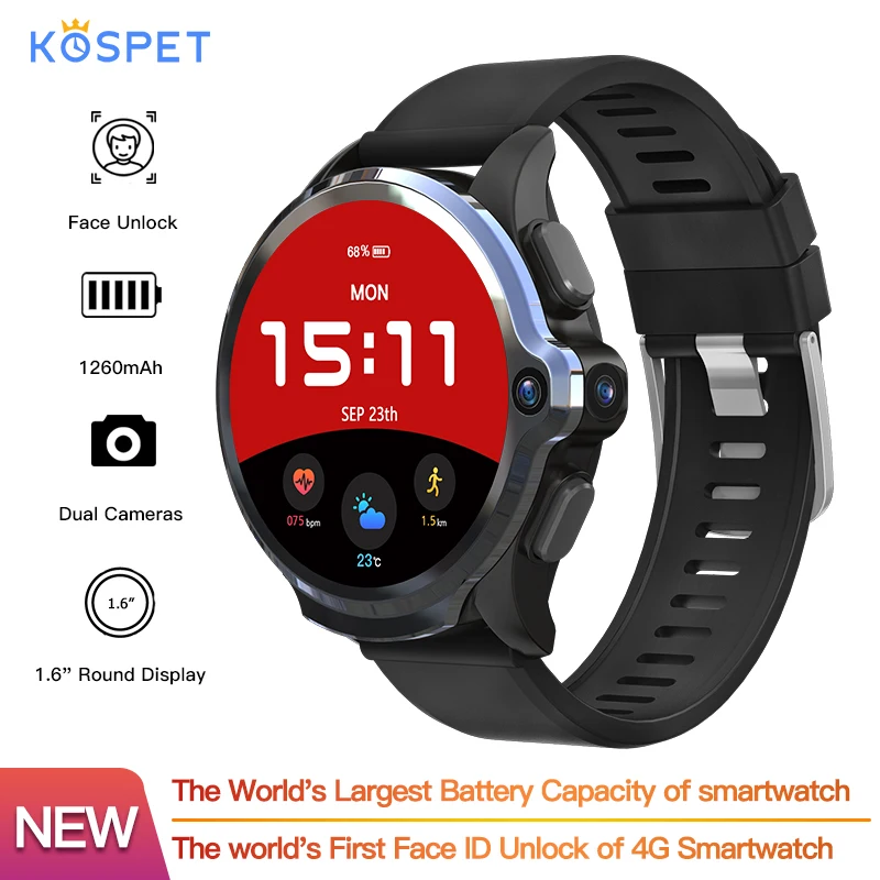 Смарт часы KOSPET Prime 3g 32G 1260 мА/ч батарея двойная камера Face ID unclok 1 6 дюймов 4G Android gps
