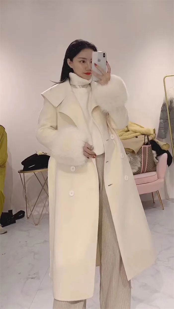 Высокое качество Элегантный тонкий костюм воротник кашемировое пальто для женщин натуральный Лисий Мех Манжеты двухстороннее шерстяное пальто для женщин