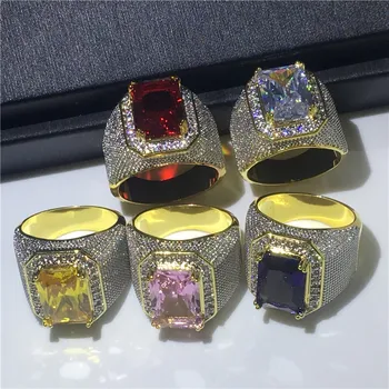 

Luxury Big Male Purple Yellow Geometric Ring AAAAA Zircon Stone Engagement Ring 18K Gold Large Wedding Rings For Men