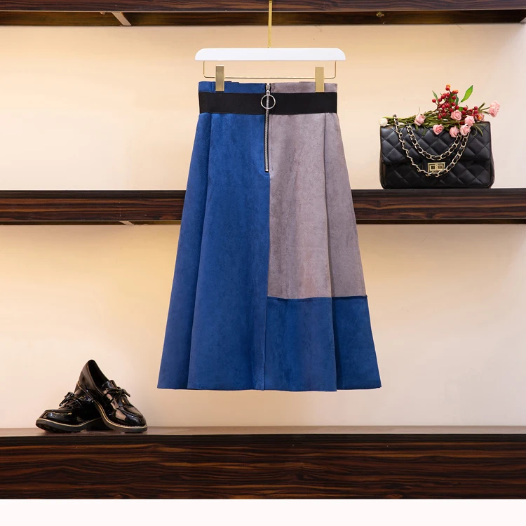 

suede leather women skirt patchwork color zipper skirt Winter high waist casual skirts