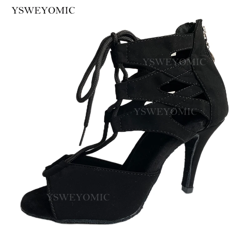 Latin Dance Shoes Black Suede leather Dance Shoes Salsa Women Lace-up Ballroom Salsa Latin Dance Shoes 8.5cm Heel