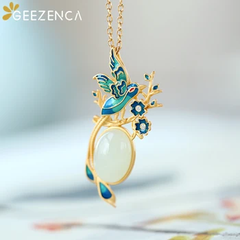 

925 Sterling Silver Gold Plated White Jade Cloisonne Pendant Necklace For Women Ethnic Vintage Choker Necklaces Fine Jewelry