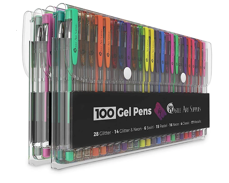 HuiQin 100 Gel Pen Set with Case for Kids or Adult Drawing Writing- Kit Includes Metallic Glitter and Neon Smooth Fine Tip Gels