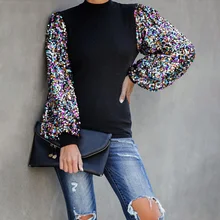 *#Best Price Women Mock Neck Lantern Sleeve Sequins Colorblock Top Blouse Office Ladies Spring Autumn Long Sleeve Casual Chic Streetwear D25 *#Best Price Women Mock Neck Lantern Sleeve Sequins Colorblock Top Blouse Office Ladies Spring Autumn Long Sleeve Casual Chic Streetwear D25