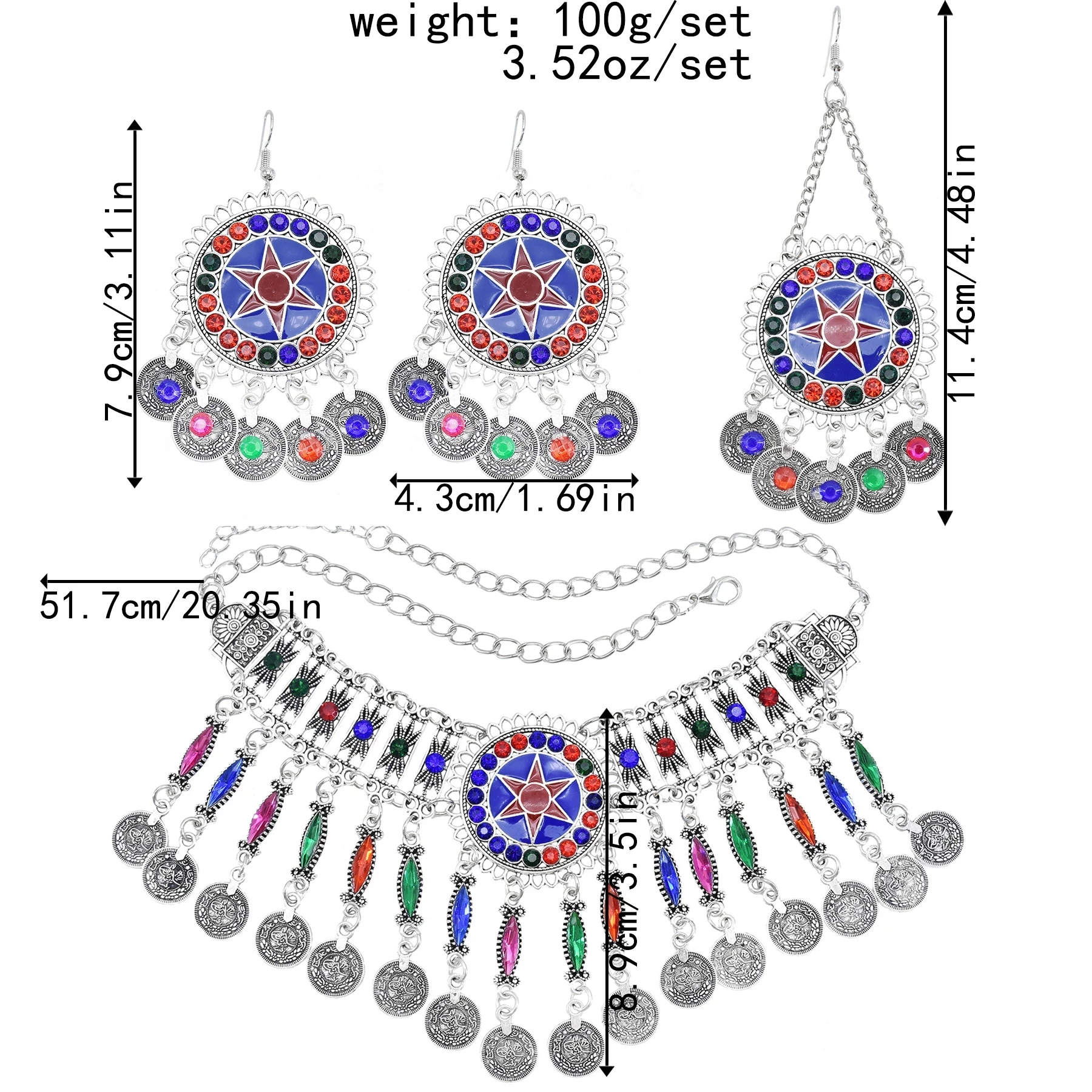 Pendientes de collar de moneda de diamantes de imitación de Color Vintage para mujer, Clip de pelo Tribal étnico, conjuntos de joyería de declaración de gitana turca afgana