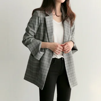 

2020 Korean Fashion Checked Plaid Blazer Women Office Lady Elegant Blazer Mujer Autumn Women Blazers and Jackets with Belt