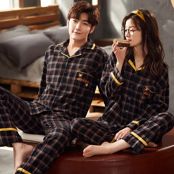 

XIFER Pure Cotton Couple Pajamas Two-piece Set 2020 Autumn New Korean Version of Simple Lapel Sleepwear Men Home Service Suit