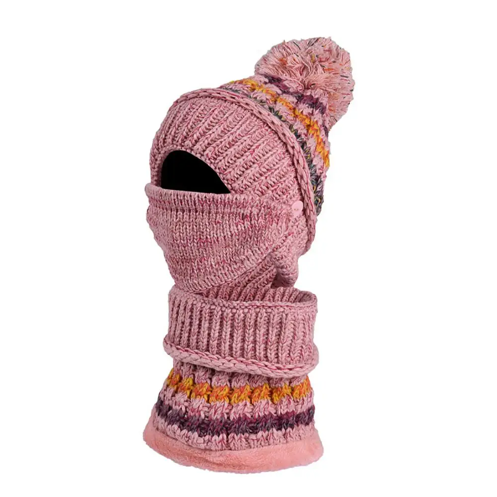 Pink MISSKY 3 шт./компл., женская вязаная шапка+ шарф+ лицо, респиратор, маска, плотный бархатный теплый комплект - Цвет: Pink