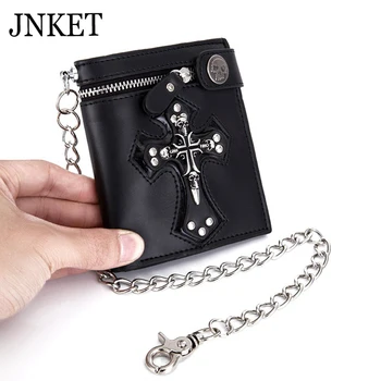 

JNKET Crucifix Skull Retro Men‘s Wallet PU Leather Billfold Chain Zipper Folded Purse Card Holder Detachable Metal Chain
