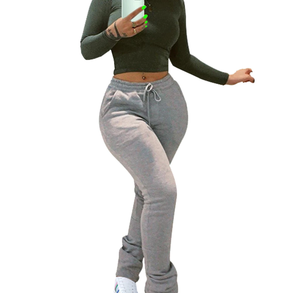 

Stacked Sweatpants Drawstring Ruched Stacked Joggers Panst Women Solid Color Elastic Waist Lace Up Woman Pants Pockets 3XL