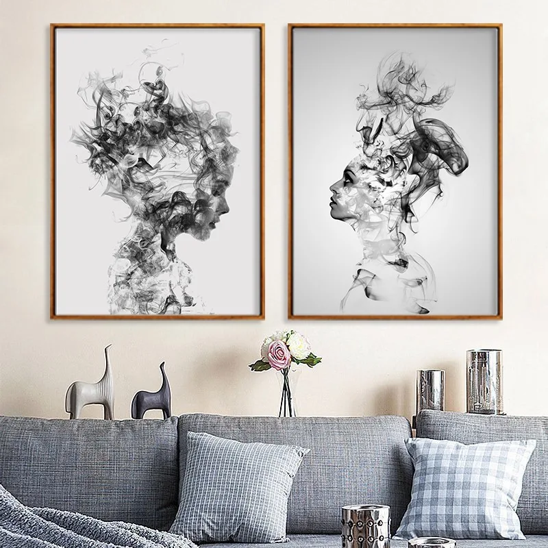 Abstract-Painting-Affiche-Noir-Et-Blanc-Tableaux-Muraux-Moderne-Boy-Girl-Smokey-Wall-Art-Canvas-Print