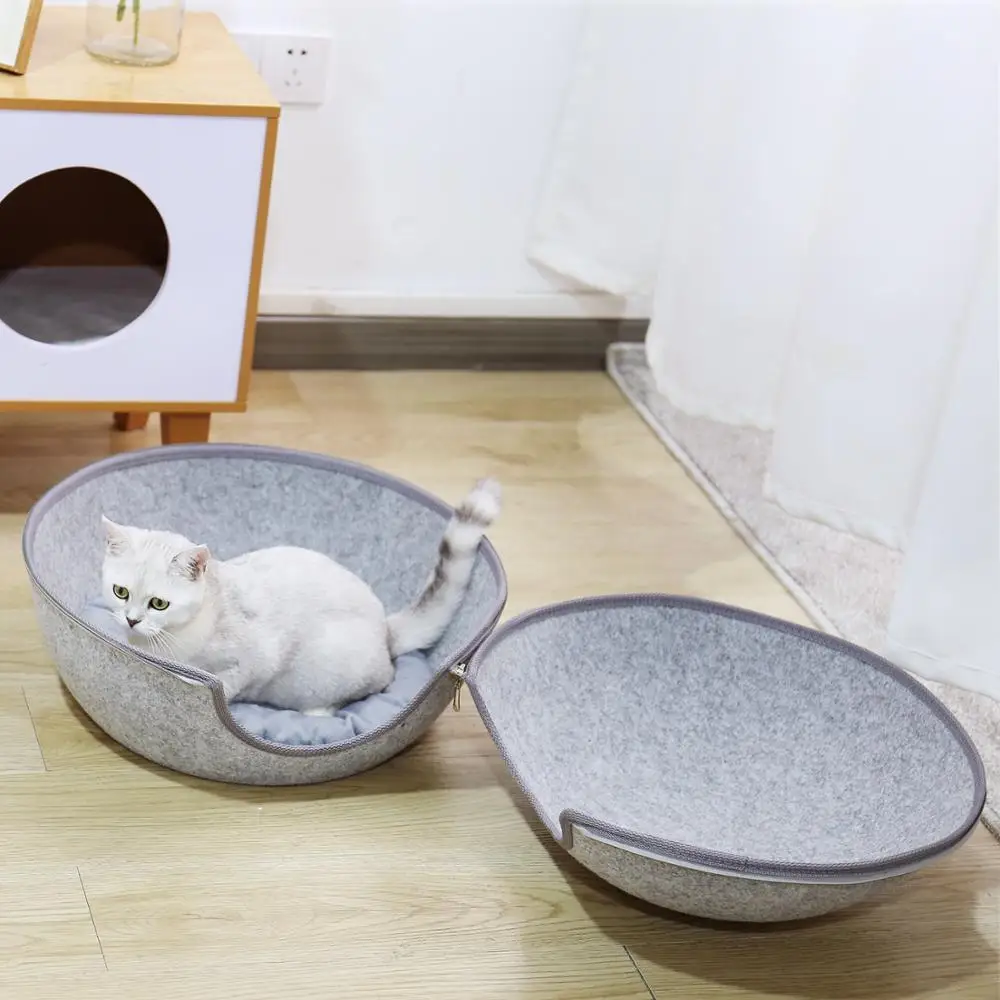 Online Forma de huevo perro gato camas gato saco de dormir cremallera fieltro paño invierno cálido casa para mascotas alrededor de nido de gato con almohadillas desmontables