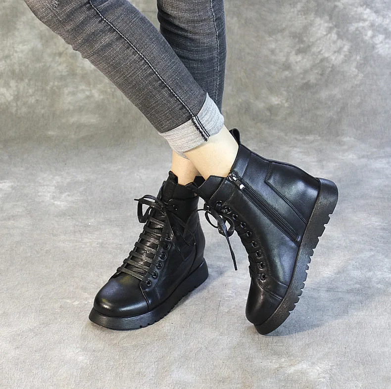 Black Popular Motorcycle boots Side zipper Women Shoes Fashion Boots Ankle Height Increasing 3cm Cow Leather 35-40 Women's Boots