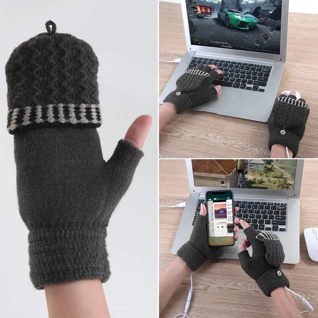 ISHOWTIENDA модные перчатки для женщин и мужчин ноутбук Usb с подогревом рукавицы переворачиваются на половину пальца зимний теплый вязаный перчатки для рук Gh6