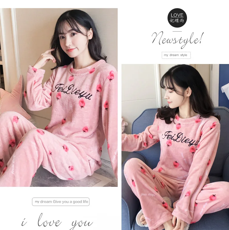 Pjs осень зима коралловые бархатные пижамные комплекты женские с длинным рукавом Теплые утолщенные милые Фланелевые домашние костюмы