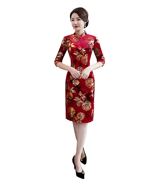Шанхай история Половина рукава китайское традиционное платье Cheongsam Цветочная вышивка бархат Qipao китайское женское платье 3 цвета - Цвет: 2514