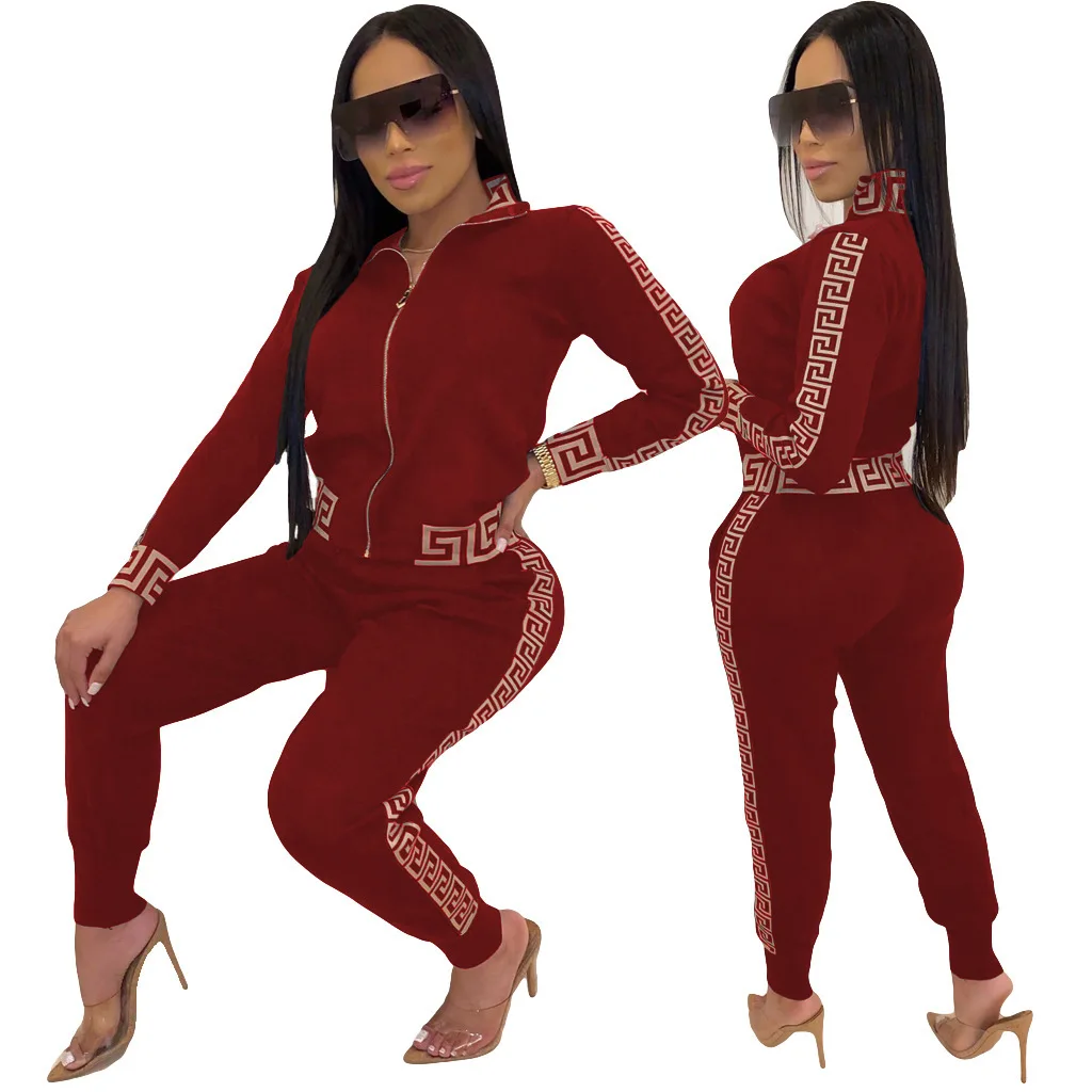 green pant suit 2022 y2k Tracksuit Women Elegant Two -Pieces Suit Sets Female Stylish Plus Size Greek Fret Print Coat & Pant Sets jogging femme pant suits for older ladies Suits & Blazers