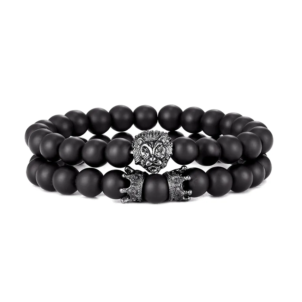 Bracelet Jewelry 2 Pcs / Set Vintage Lion Head and Crown Charm Bracelet 8mm Natural Lava Stone Beads Bracelet Men Fashion Jewelry