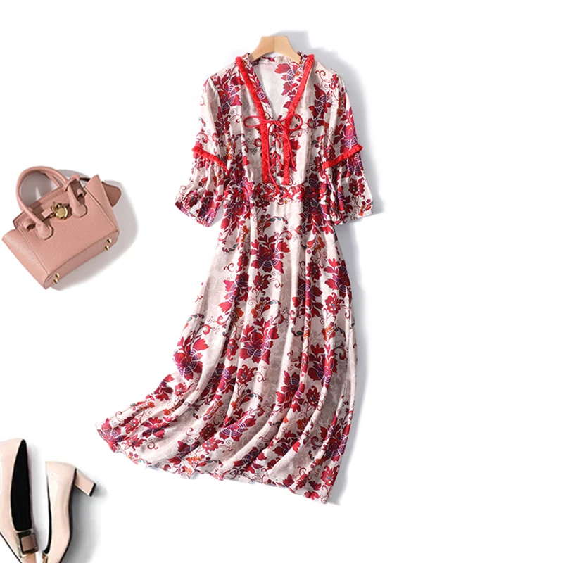 

New 100% silk Seize person eyeball restore ancient ways of design and color pace all v neck printing 03 a8781 heavy silk dress