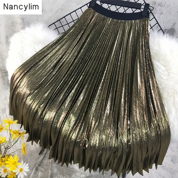 

Elastic High Waist Long Pleated Skirt Metal Bright Brushed Retro Large Swing Skirts 2019 Spring and Summer New Women's Skirt