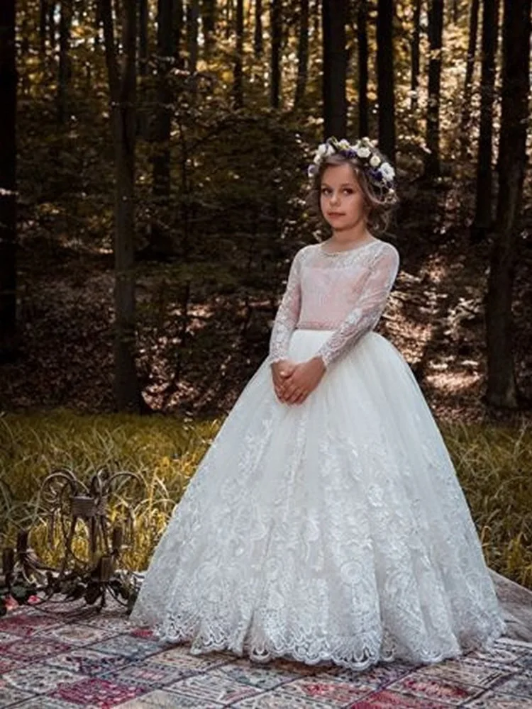 Lace First Communion Girl Dresses Cap Sleeve Long kids Prom Dress Evening Gown Flower Girl Dresses For Wedding - Цвет: Same as Image