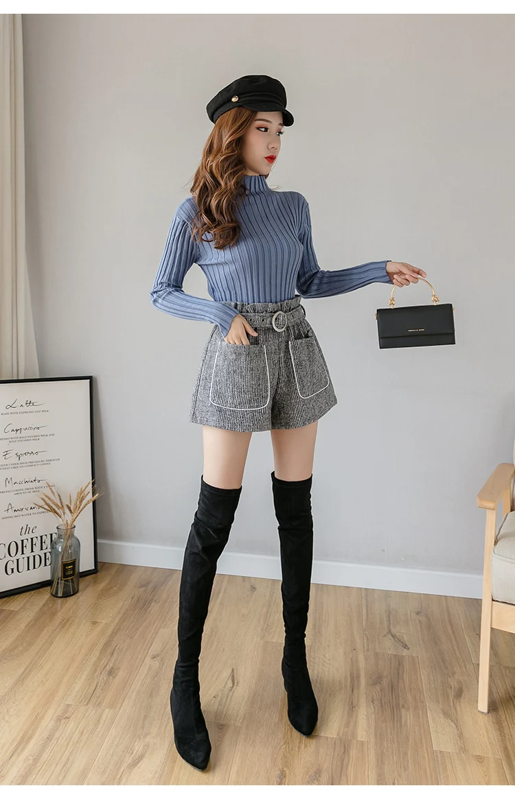 Trytree Autumn Winter woman Casual Shorts Loose Belt Pockets High waist Solid 3 Colors Fashion All-Purpose Style Short