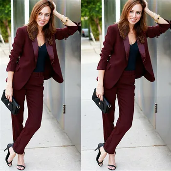 

Burgundy Women Pantsuits Custom Made 2 Piece (Pants+ Jacket) Formal Uniform Ladies Work Wear Blazer Outfit Pantsuit